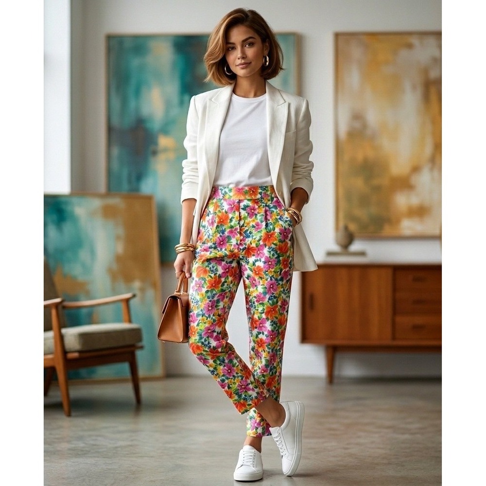 Zara‎ Floral Tapered Trousers Womens Medium Multicolor High Waisted Summer Pants